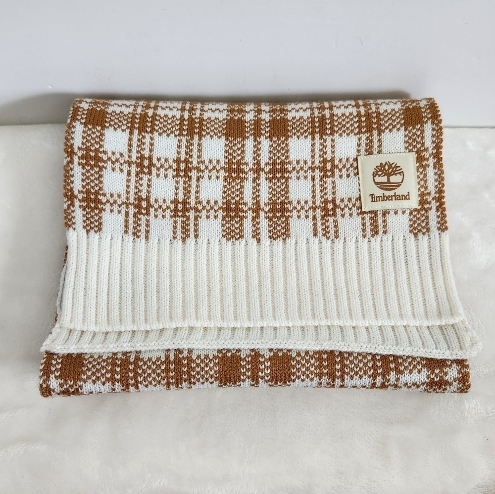 Timberland Wheat Mustard Yellow White Plaid Knit Acrylic Scarf Unisex - Picture 8 of 12